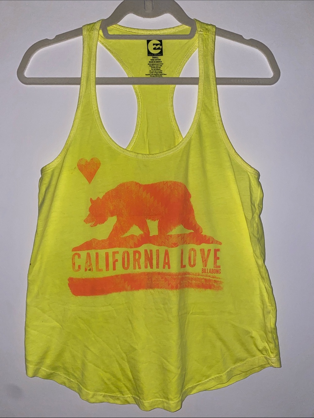 Billabong Neon Yellow California Love Racerback Tank with Orange Graphic